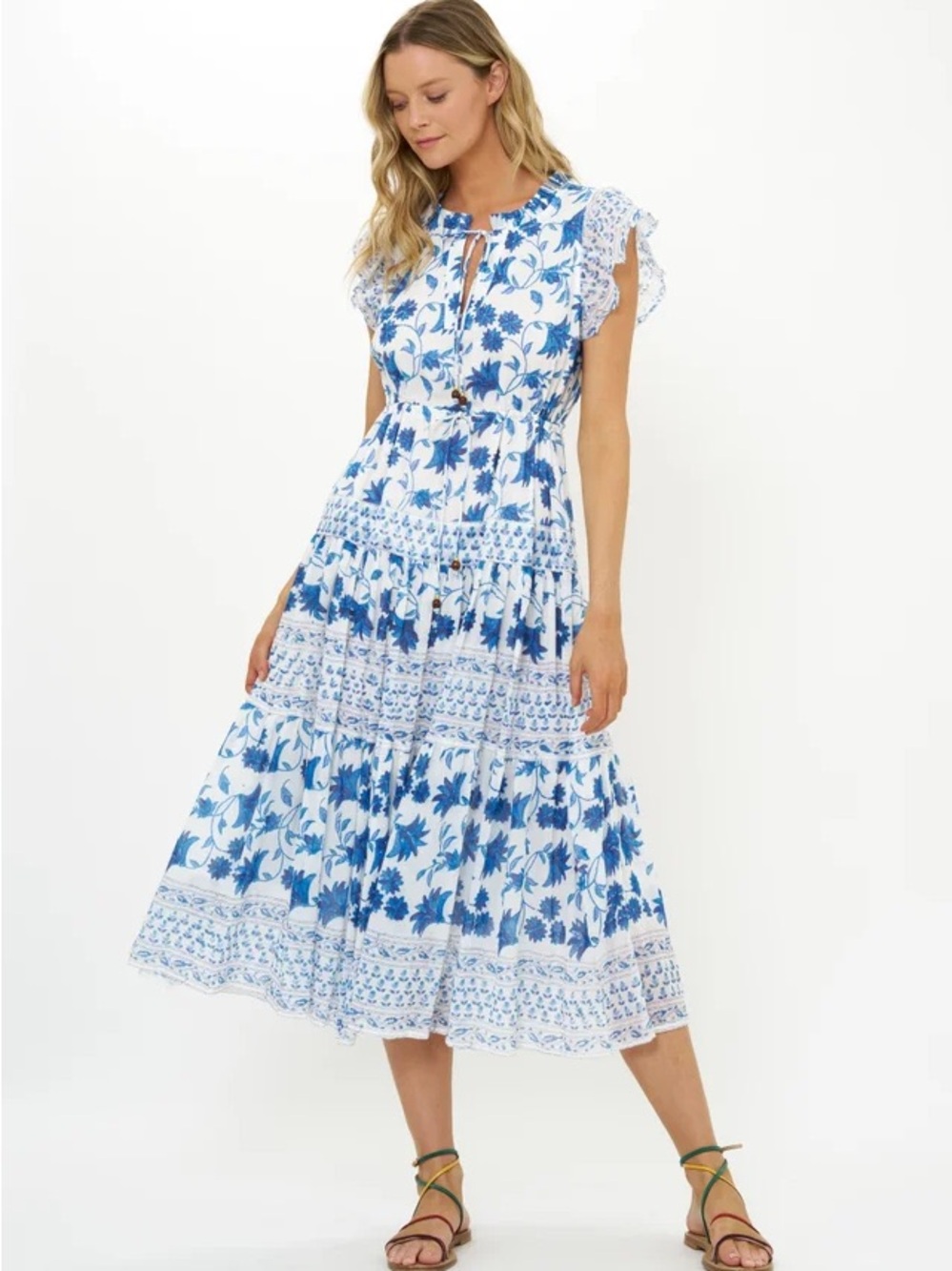 Oliphant Cinched Waist Flirty Midi Dress in Marion Blue Print - Size XS